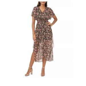 MSK dress Womens Large Floral V Neck Flutter Sleeves